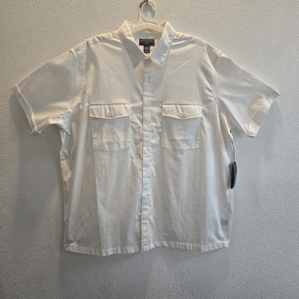 Shaquille O'Neal XLG 3XLT White Button Up Shirt Big & Tall Short Sleeve Stretch